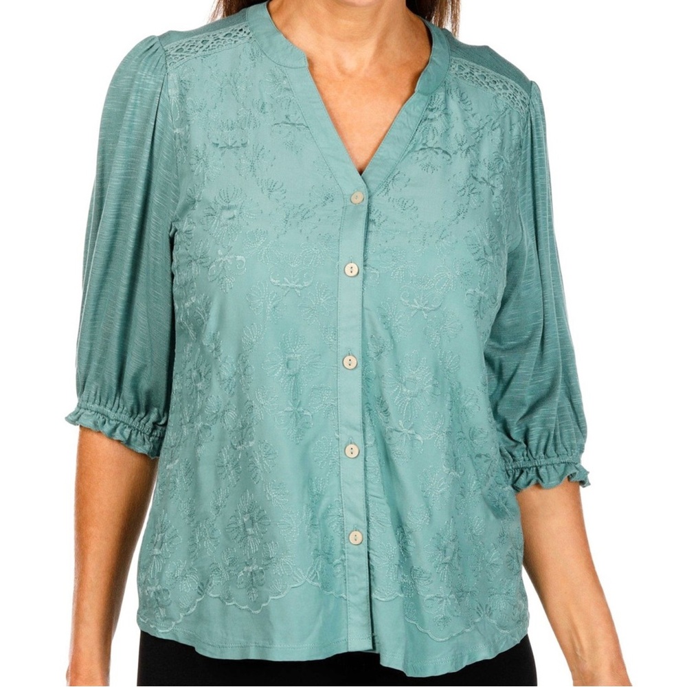 •Sold•  NWT Democracy Elbow Lantern 1/3 Sleeve Embroidered Button Up - Picture 3 of 15